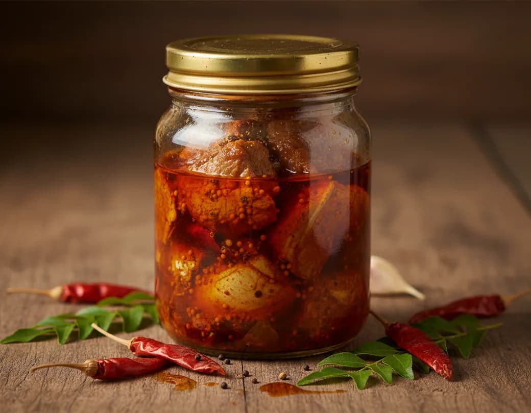 A jar of homemade non-veg pickle with whole red chillies